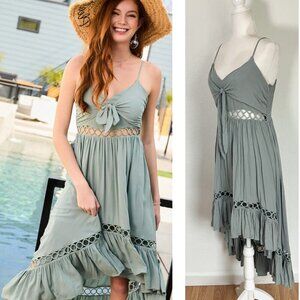 Light Sage Green Sleeveless Dress with Cutout Details Midi Dress Smocked back L